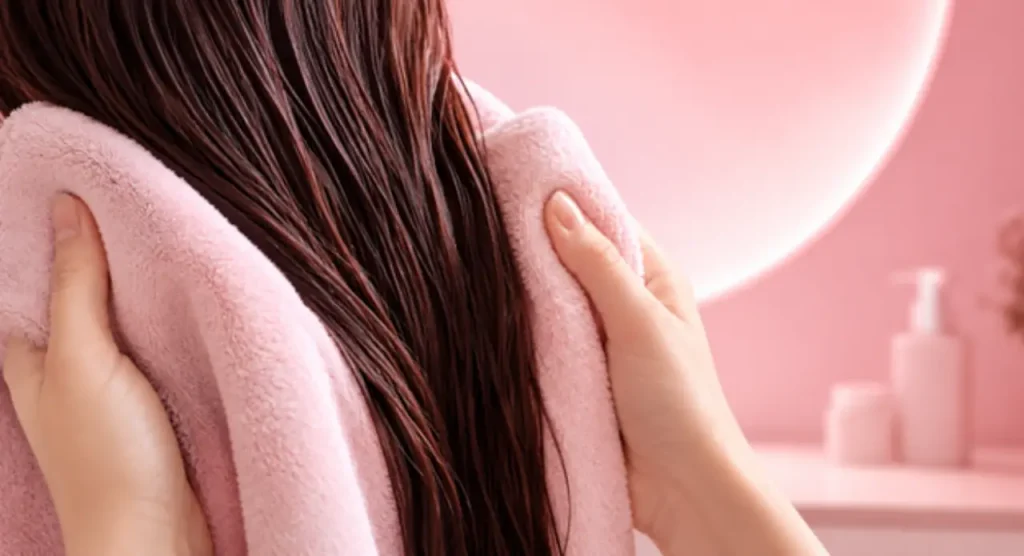 دستهای یک زن که در حال خشک کردن موهای خیس و تیره خود