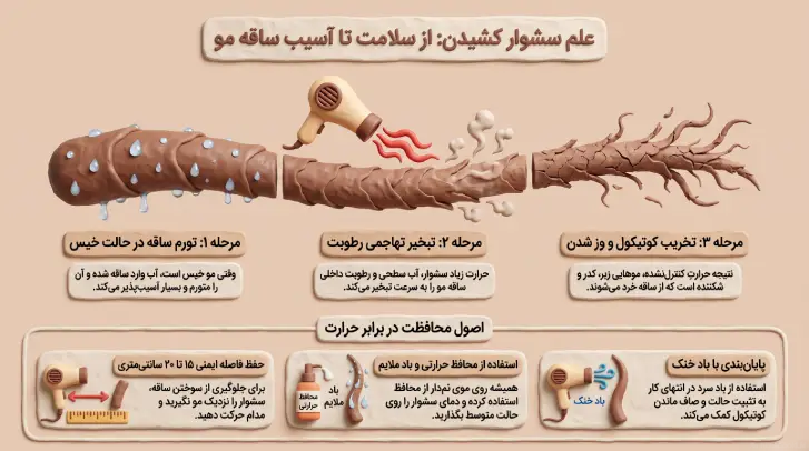 مراحل تورم ساقه موی خیس و تخریب کوتیکول در اثر حرارت زیاد سشوار